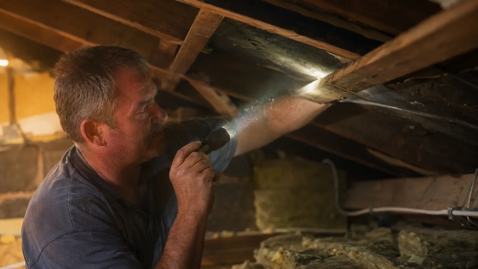 Roofer inspecting inside an Irish attic with the roof stripped for re-roofing